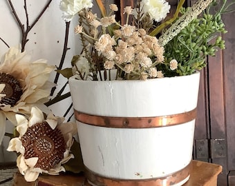 Vintage Chippy White Wood Bucket Copper Banded 6&quot; Rustic French Farmhouse Kitchen Country Cottage Core Shabby Garden Grandmacore Home Decor