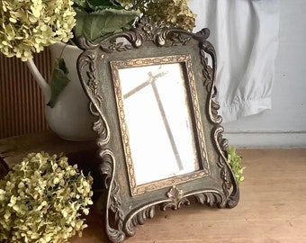 Antique Vanity Boudoir Mirror Table Top Easel Victorian Beveled Decorative Cast Iron Frame Baroque - French Country English Cottage bedroom