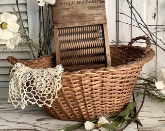 Vintage Small Wicker Basket 16"x11x8" Laundry Gathering Egg Bread Fruit Flower American Farmhouse French Country Kitchen Bathroom Home Decor