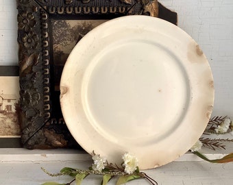 Vintage Ironstone 9-1/4" Dinner Plate Aged Browned Chippy Serving Rustic French Farmhouse Country Shabby Chic Style Decor Homer Laughlin