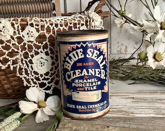 Antique Blue Seal Cleanser Can Soap Country Farmhouse Vintage Kitchen Bathroom Laundry Room Decor Advertising General Store Display