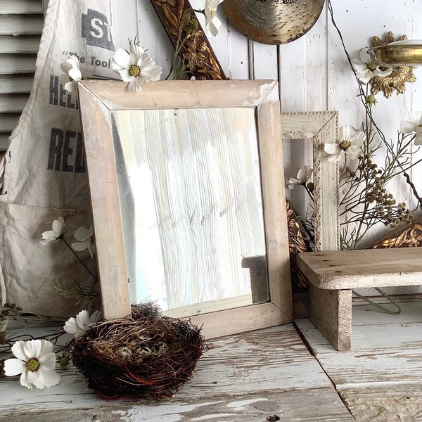 Antique Mirror Chippy Creamy White Wood Frame 15x12 Wall Hanging Distressed Mirror American Farmhouse Country Decor Bedroom Bathroom Living