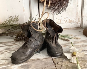 Antique Childs Black leather Shoes Boots Aged & Time Worn to Primitive Perfection Rustic French Country Farmhouse Home Decor