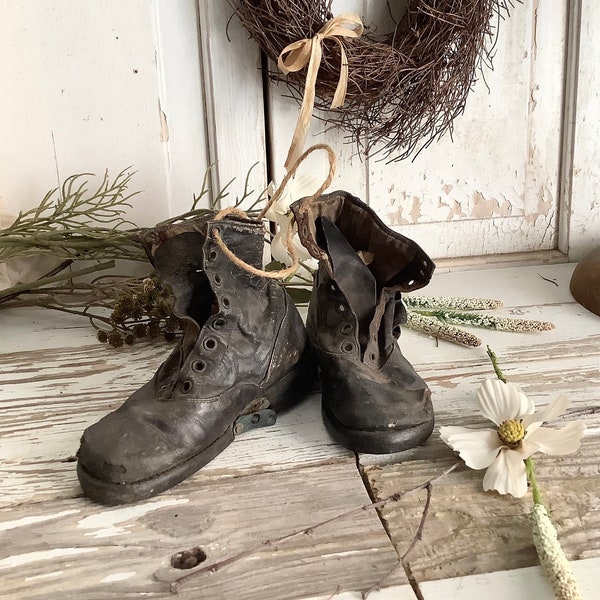 Antique Childs Black leather Shoes Boots Aged & Time Worn to Primitive Perfection Rustic French Country Farmhouse Home Decor