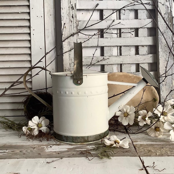 Vintage White & Brass Watering Can Metal French Country Farmhouse English Garden Cottage Shabby Potting Shed Decor Display