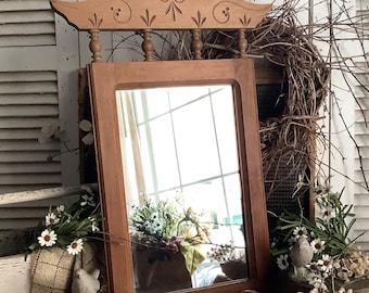 Antique Eastlake Mirror Wood Frame Pediment 18Wx27-1/2"L Wall Hanging Farmhouse Cottage Decor