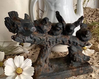 Antique Black Cast Iron Birds on Branch Garden Statue Figurine Door Stop 7&quot;Tx9&quot;L Primitive Farmhouse French Country Cottage Home Decor