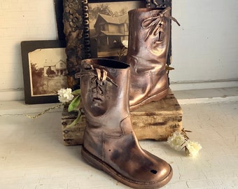 Antique Bronzed Childs Shoes Leather Boots 1940's Country Living Farmhouse Rustic Vintage Style Home and Nursery Decor Cowboy Western