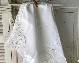Antique White Cut Work Lace TableCloth 42" Square Vintage Edwardian French Country Farmhouse Shabby Chic Romantic Cottage Home Decor