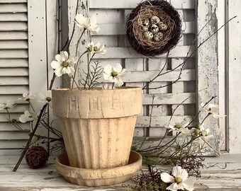 Vintage Vanilla White Clay Planter Flower Pot & Saucer 8 Garden Potting Shed Farmhouse Country Cottage Decor Gardening House Plants