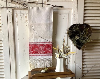 Antique Tea Hand Bath Towel Fringed Trim Damask Turkey Red Edwardian Late 1800s French Country Farmhouse Bathroom Kitchen Decor