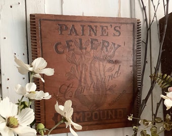 Antique Wood Crate Sign Paines Celery Compound Vintage Advertising French Country Cottage Farmhouse Kitchen Rustic Wall Art Home Decor AAFA