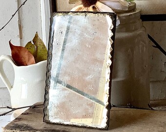 Antique Vanity Beveled Pie Crust Shaving Mirror 5 x 3 inches Free Standing Easel Stamped Tin Victorian Era Aged Ghost Mirror Farmhouse Decor