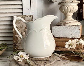 Antique White Ironstone Pitcher Jug Embossed Heart 8"T Milk Pouring French Farmhouse Country Shabby Cottage Chic Style Home Decor China Vase