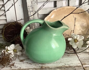 Vintage Green Pitcher USA Pottery Water Milk Serving Farm Table Farmhouse Cottage Country Shabby Chic Style Home Decor Vase Utensil Holder