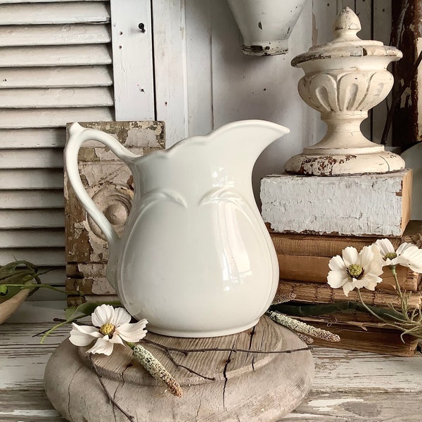 Antique White Ironstone Pitcher Jug Embossed Heart 8"T Milk Pouring French Farmhouse Country Shabby Cottage Chic Style Home Decor China Vase