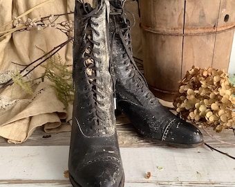 Antique Victorian High Top Boots: Black Leather Rustic Distressed Fall Farmhouse Decor