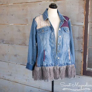 Upcycled Jean Jacket Vintage Lace and Linens Womens A Line Style Tunic Boho Clothing Womens Jacket , Coat , Gypsy Farm Cow Girl image 1