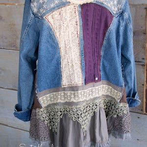 Upcycled Jean Jacket Vintage Lace and Linens Womens A Line Style Tunic Boho Clothing Womens Jacket , Coat , Gypsy Farm Cow Girl image 3