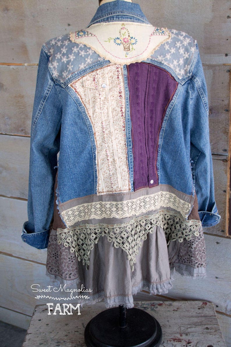 Upcycled Jean Jacket Vintage Lace and Linens Womens A Line Style Tunic Boho Clothing Womens Jacket , Coat , Gypsy Farm Cow Girl image 3
