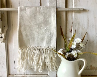 Antique Tea Hand Bath Towel Fringed Trim Damask Pansy Edwardian Late 1800s French Country Cottage Farmhouse Bathroom Kitchen Shabby Chic