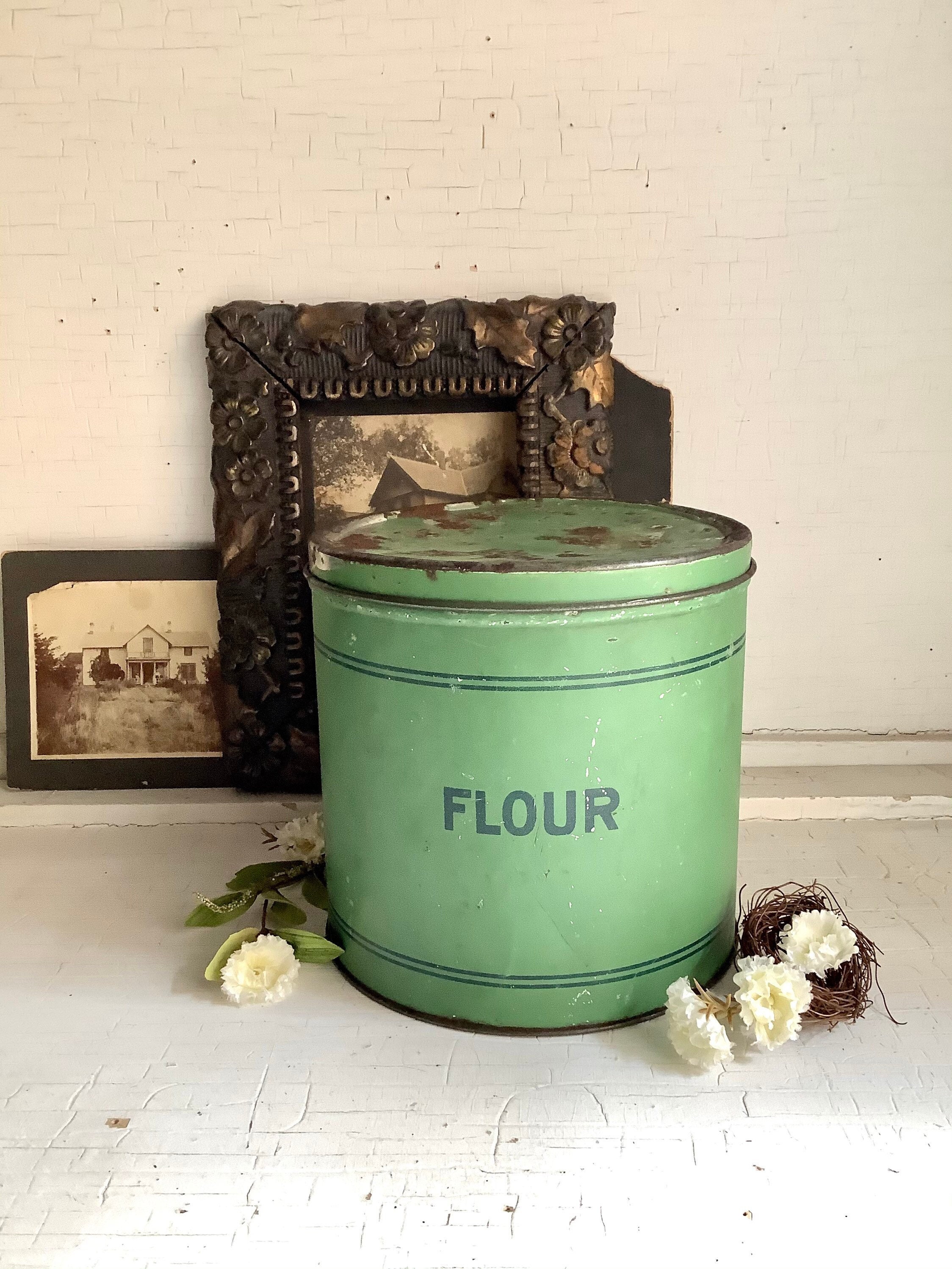 Antique Flour Tin Metal Canister Green Litho French Farmhouse