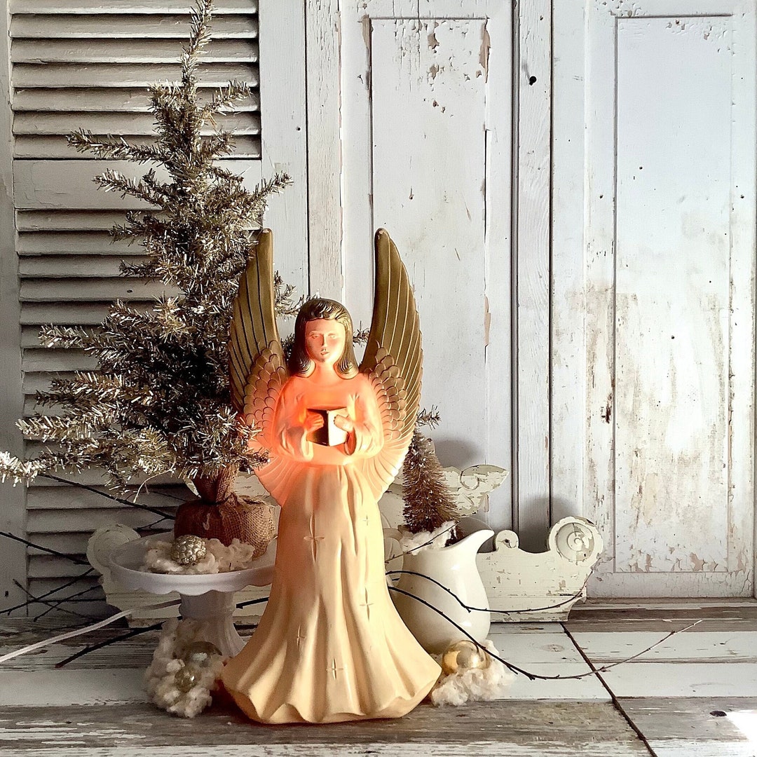 Vintage Christmas Light up Angel Hard Plastic Blow Mold 18 T Old Fashioned Farmhouse MCM