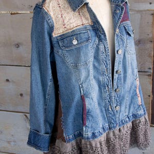 Upcycled Jean Jacket Vintage Lace and Linens Womens A Line Style Tunic Boho Clothing Womens Jacket , Coat , Gypsy Farm Cow Girl image 5