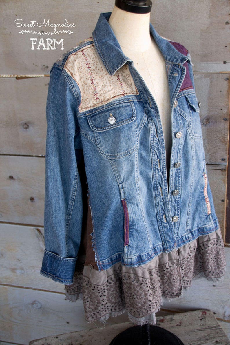 Upcycled Jean Jacket Vintage Lace and Linens Womens A Line Style Tunic Boho Clothing Womens Jacket , Coat , Gypsy Farm Cow Girl image 5