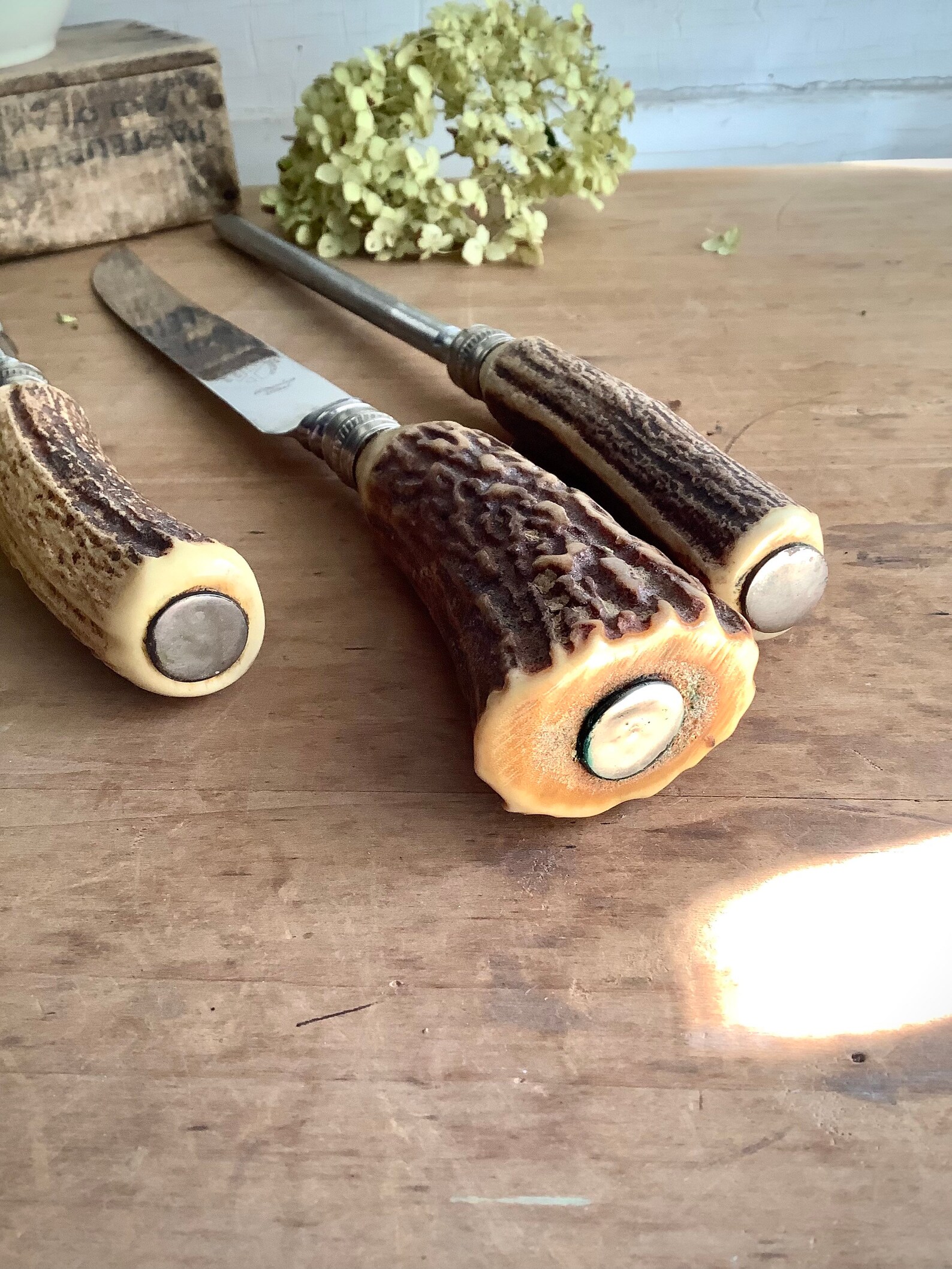 Vintage 3 Pc Stag Handle Carving Set Cutlery Sheffield England Etsy