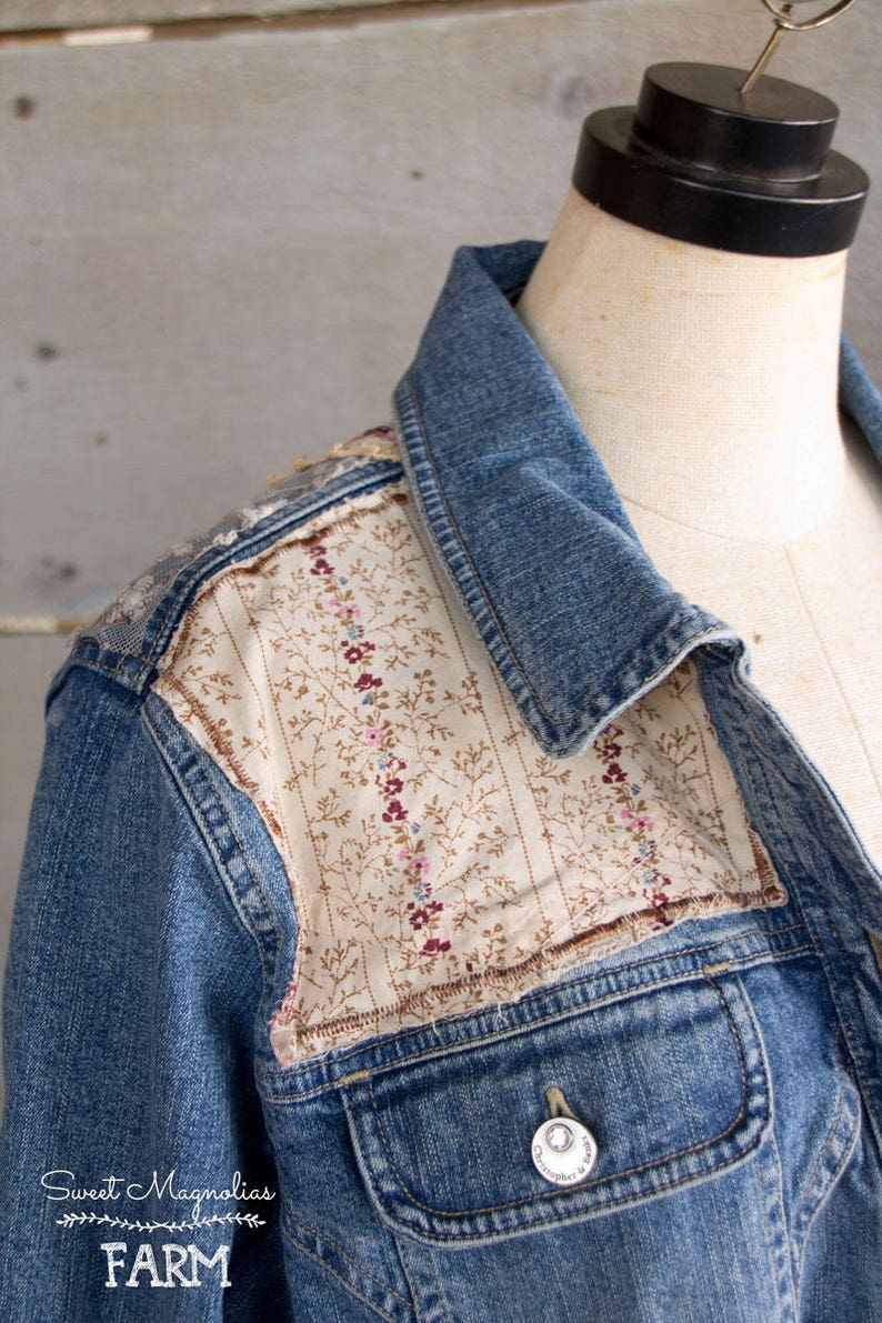 Upcycled Jean Jacket Vintage Lace and Linens Womens A Line | Etsy