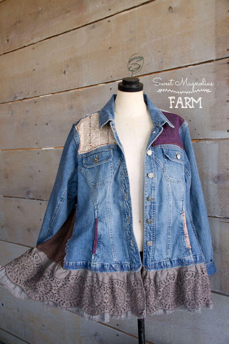 Upcycled Jean Jacket Vintage Lace and Linens Womens A Line Style Tunic Boho Clothing Womens Jacket , Coat , Gypsy Farm Cow Girl image 2