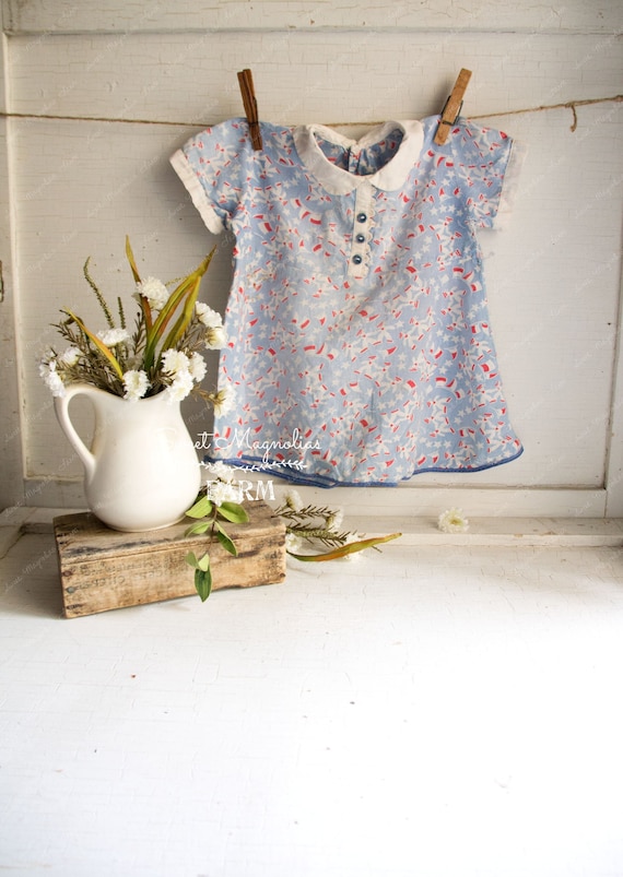 Vintage Sailor Print Baby Girls Dress 1930s Handma