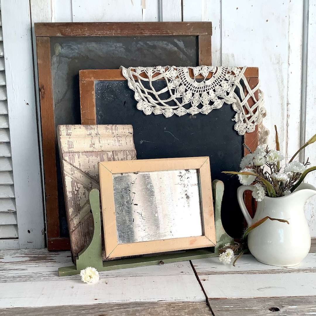 Antique Mirror Chippy Creamy & Green Wood Frame 14x7 Wall Hanging Aged