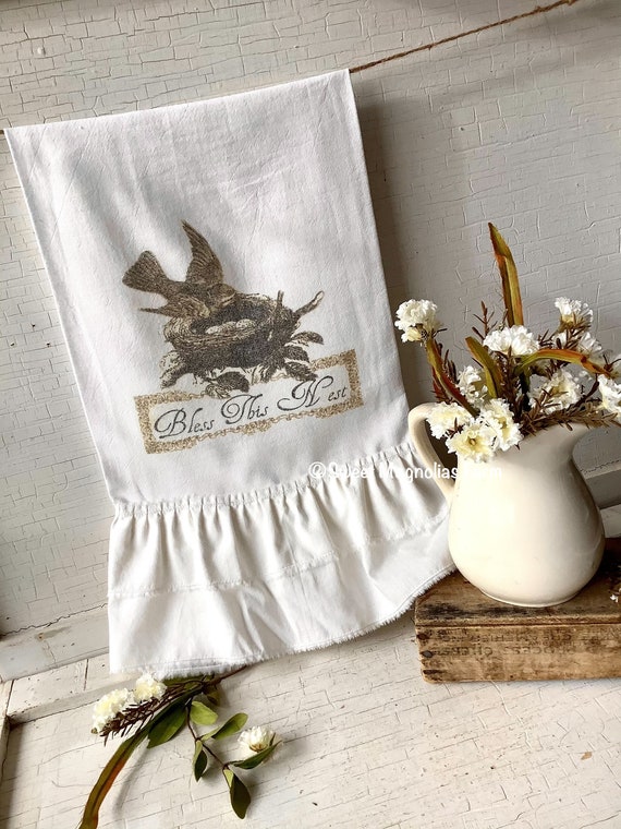 Flour Sack Kitchen Tea Towel Garden Farmhouse Country Cottage Shabby Chic  Style Ruffled bless This Nest Bird Birds Nest Spring Bloom 