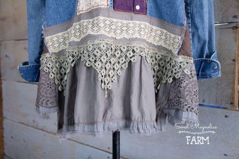 Upcycled Jean Jacket Vintage Lace and Linens Womens A Line Style Tunic Boho Clothing Womens Jacket , Coat , Gypsy Farm Cow Girl image 7