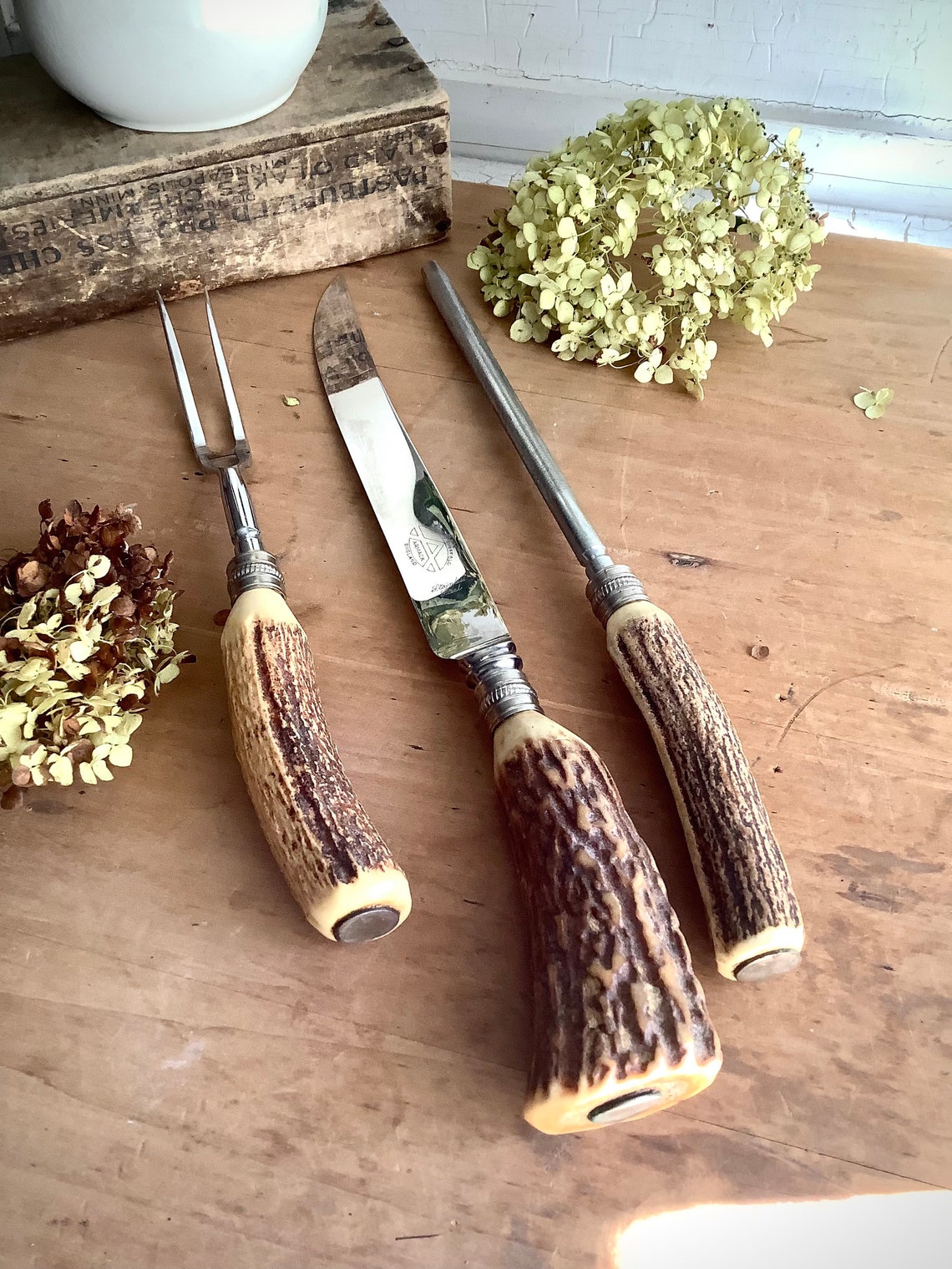 Vintage 3 Pc Stag Handle Carving Set Cutlery Sheffield England Etsy