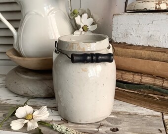 Antique Stoneware Crock Jar Bail Turned Wood Handle 6"T Modern French Antique Farmhouse Country Living Kitchen Rustic Chic Home Decor