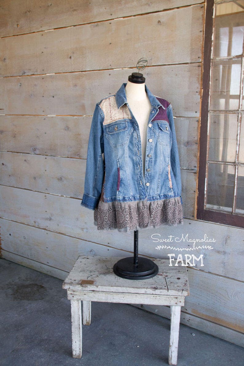 Upcycled Jean Jacket Vintage Lace and Linens Womens A Line Style Tunic Boho Clothing Womens Jacket , Coat , Gypsy Farm Cow Girl image 1