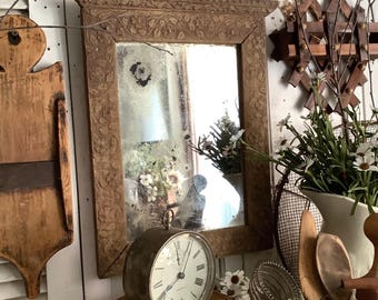 Antique Mirror Floral Gesso Frame Chippy Wood Farmhouse Cottage Decor 19x15"
