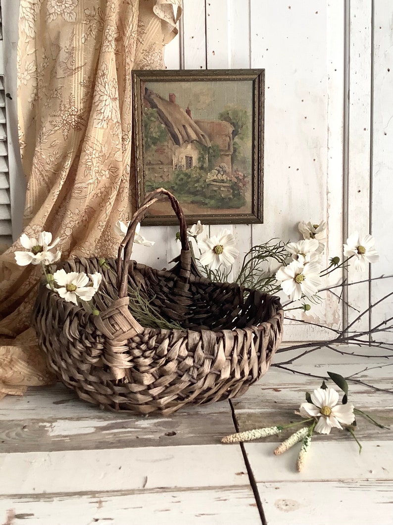 Antique Woven Splint Basket Gathering Flower Market Farmhouse Rustic Garden Primitive French Country Cottage Spring Home Decor AAFA image 8