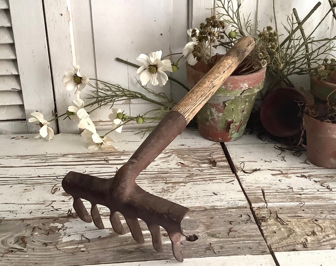 Cottage Home Rake Antique Make Do Hand Rake Metal Rustic French Country Farmhouse Vintage ...
