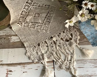 Antique Crochet Lace Runner Lattice & Tassels 15x78"L Farmhouse Shabby Cottage Decor
