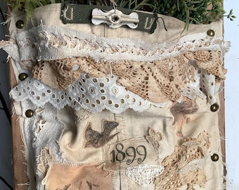 Antique Wall Pocket Sampler 25&quot;Lx 12&quot;W Wall hanging Art Crochet Lace Salvaged Wood Rustic Tattered Farmhouse Cottage Home Decor Hand Made