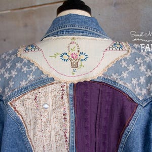 Upcycled Jean Jacket Vintage Lace and Linens Womens A Line Style Tunic Boho Clothing Womens Jacket , Coat , Gypsy Farm Cow Girl image 4