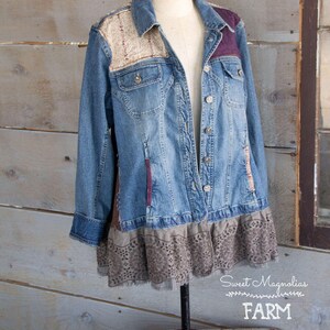 Upcycled Jean Jacket Vintage Lace and Linens Womens A Line Style Tunic Boho Clothing Womens Jacket , Coat , Gypsy Farm Cow Girl image 9