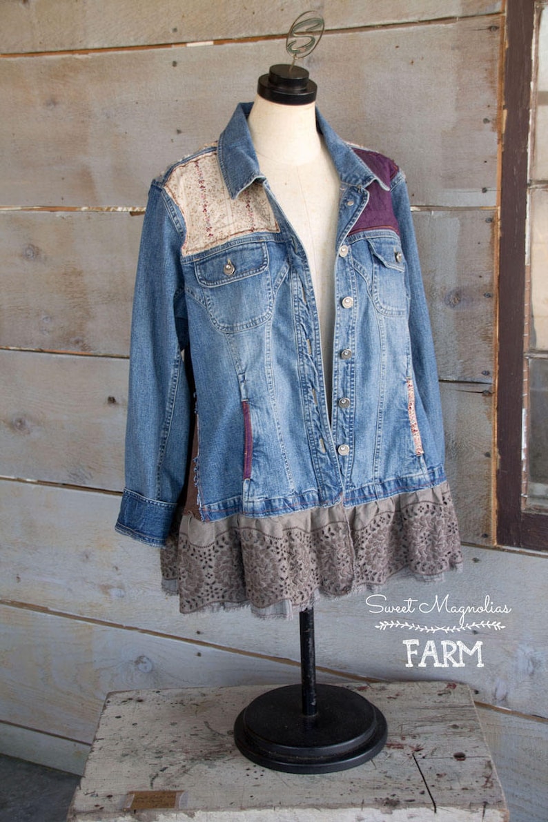 Upcycled Jean Jacket Vintage Lace and Linens Womens A Line Style Tunic Boho Clothing Womens Jacket , Coat , Gypsy Farm Cow Girl image 9