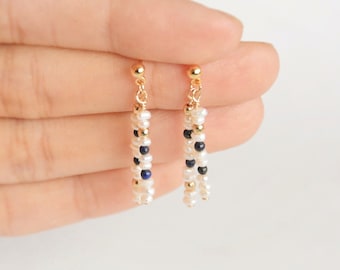 Delicate earrings with natural tiny pearls and lapis lazuli