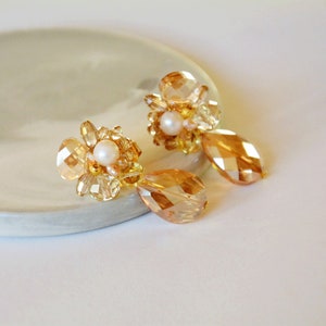 Beige crystal and pearl earrings image 2