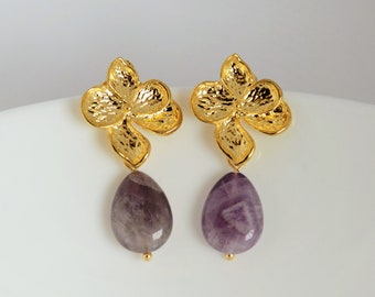 Amethyst drop earrings with gold flower